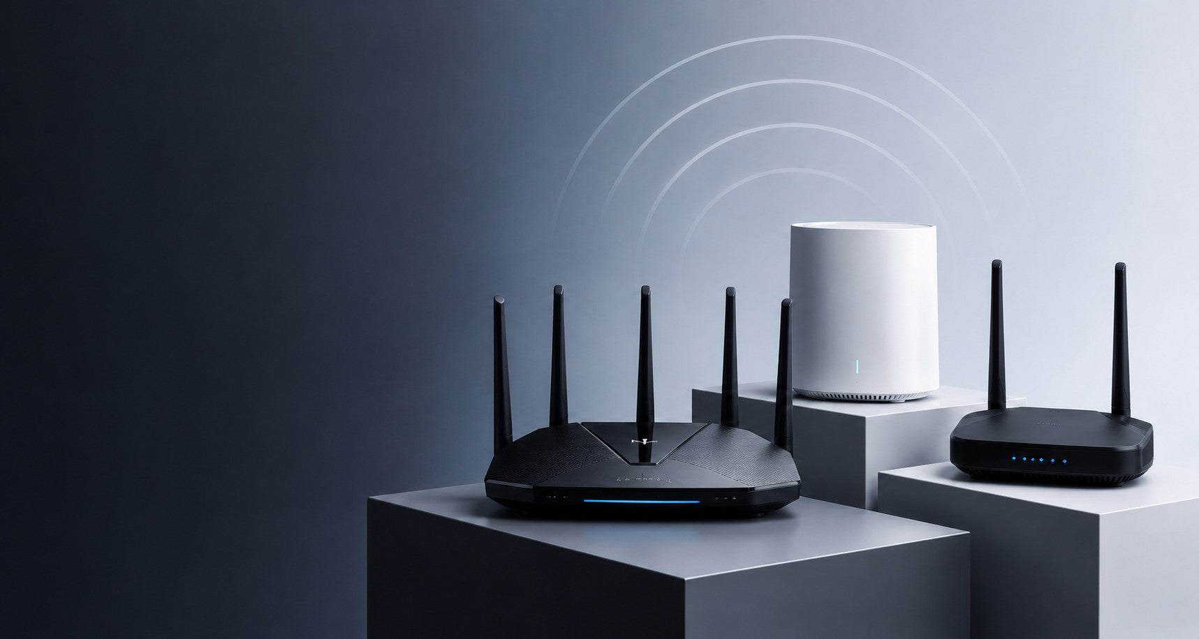 Mesh WiFi routers on pedestals with signal wave graphic